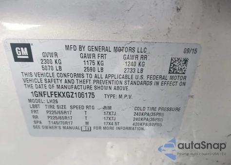 2016 Chevrolet Equinox Lt из США, поврежденный, VIN 1GNFLFEKXGZ106175